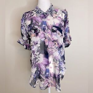MISA Los Angeles Floral Purple Buttoned Down Collared Women's Top Blouse Medium